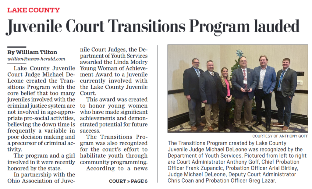 News article of Juvenile Court Transitions Program