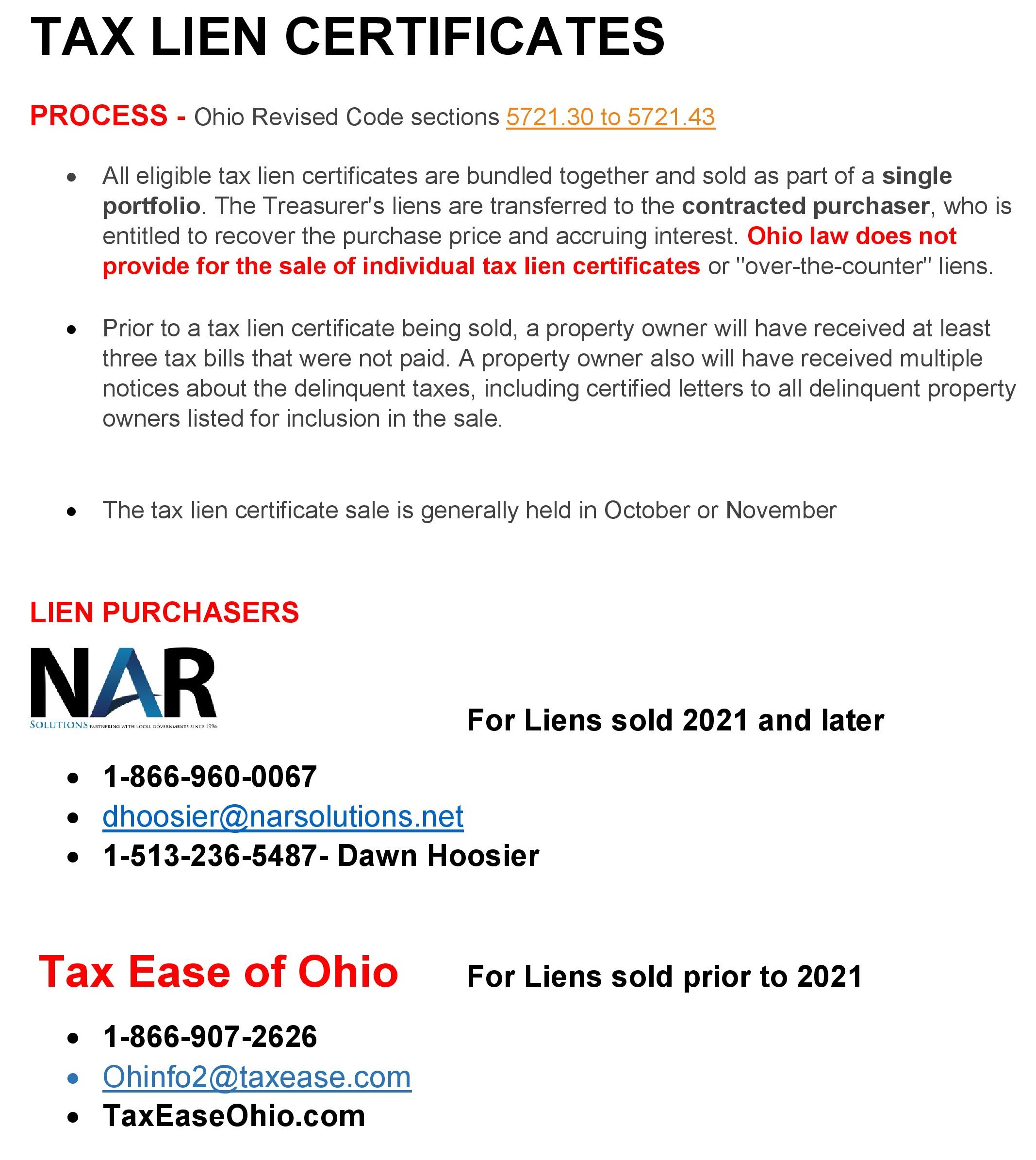 Tax Lien Certificate Sales